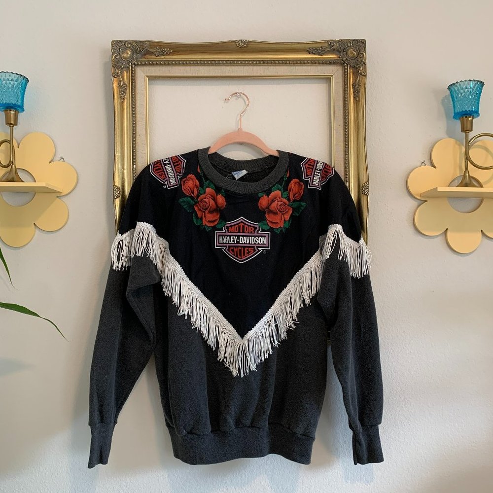 Vintage Harley Davidson Rose Fringe Sweatshirt